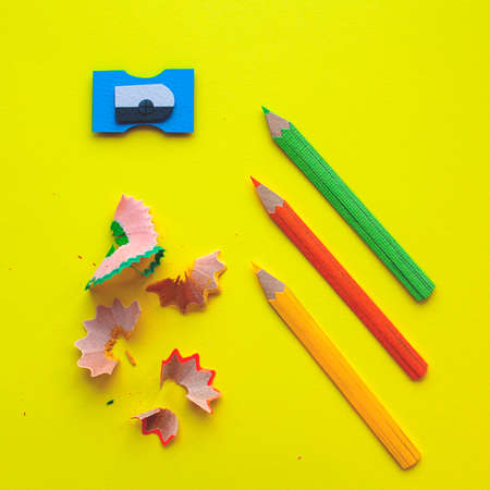 Back to school. Set of school tools on yellow background. Paper art and cut out illustration. の写真素材