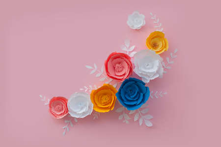 Handmade paper cutout flower set. Blue, pink, yellow and white colors. 