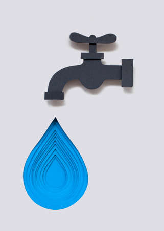 Paper art water tap with drop. Symbol. 