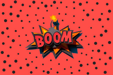 Paper cutting comic speech bubble on red background with dots. Boom. Bomb.の写真素材