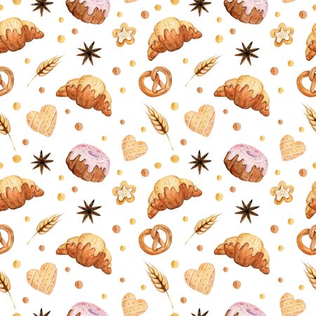 Watercolor seamless pattern with cookies, cakes, croissants and pretzel.の写真素材