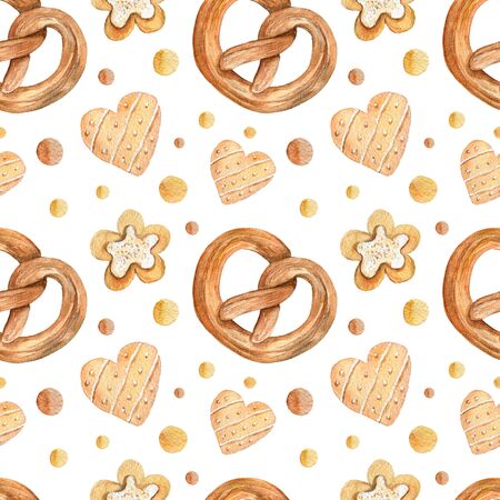 Watercolor seamless pattern with pretzel and cookies.の写真素材