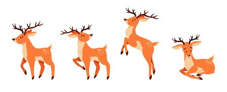 Cute cartoon deer with horns. Standing, jumping and lying deer. Vector illustration set.のイラスト素材