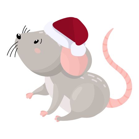 Cute cartoon mouse in a red christmas hat. New year 2020 design. Vector illustration on a white background.のイラスト素材