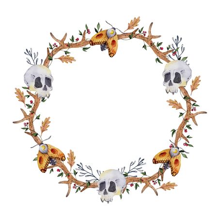 Hand drawn watercolor wreath with mystical elements. Witchcraft symbols, skull, moth, horn. Magic floral round frame isolated on white background.の写真素材