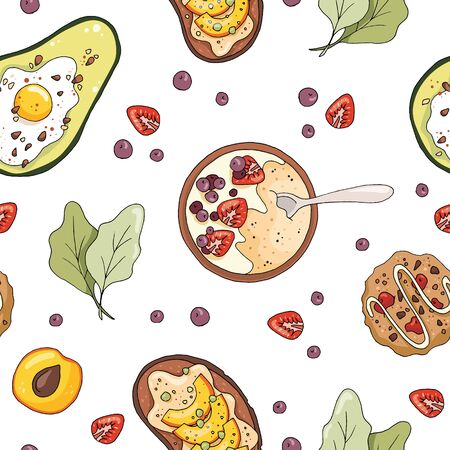 Seamless pattern with oatmeal porridge, avocado with egg, cookies, fruit sandwich. Hand drawn healthy breakfast illustration.のイラスト素材