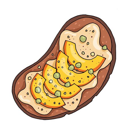Healthy breakfast, fruit sandwich. Hand drawn food illustration. Vector composition isolated on white background.のイラスト素材