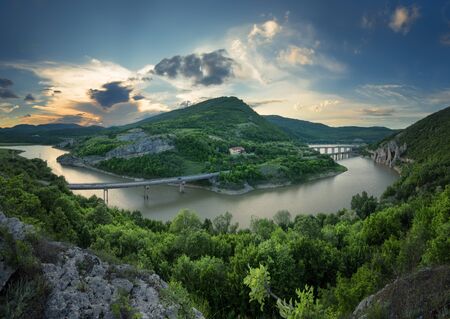 Magnificent spring sunset. Panoramic view of the rock phenomenon Wonderful rocks (Bulgaria)の写真素材
