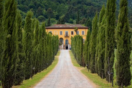 Magnificent spring landscape.Beautiful view of typical tuscan farm house, green wave hills, cypresses trees, hay bales, olive trees, beautiful golden fields and meadows.Tuscany, Italy, Europeの写真素材