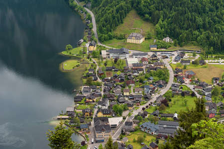 Fantastic aerial view on famous Hallstatt village and alpine lake, Austrian Alps, Salzkammergut, Austria, Europeのeditorial素材