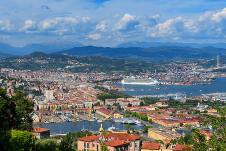 Incredible spring view of port of La Spezia city. Sunny morning scene of Mediterranean sea, Liguria, Italy, Europe. Magnificent Mediterranean landscape.のeditorial素材
