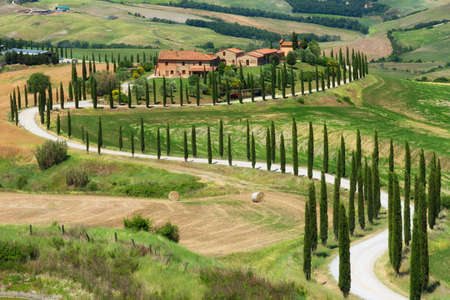 Magnificent spring landscape.Beautiful view of typical tuscan farm house, green wave hills, cypresses trees, hay bales, olive trees, beautiful golden fields and meadows.Tuscany, Italy, Europeのeditorial素材