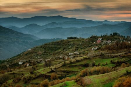 Beautiful rural landscape. Spring in Bashevo village, Eastern Rhodopes, Bulgariaの写真素材