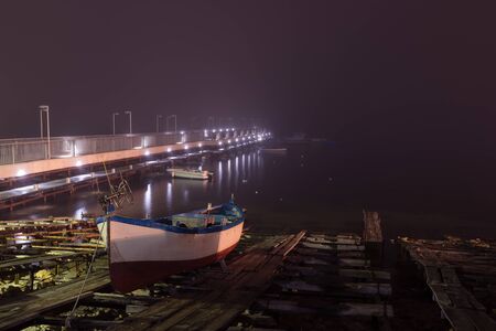 Port of Ahtopol, Bulgaria at night. Foggy weatherの写真素材