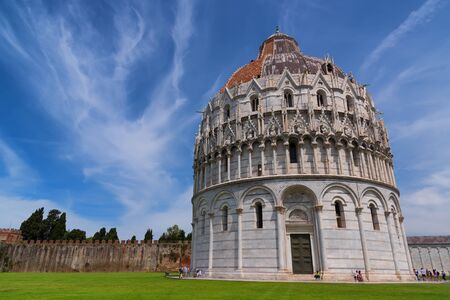 Magnificent daily view at the Pisa Baptistery of St. John, the largest baptistery in Italy, in the Square of Miracles (Piazza dei Miracoli), Pisa, Italy.の写真素材
