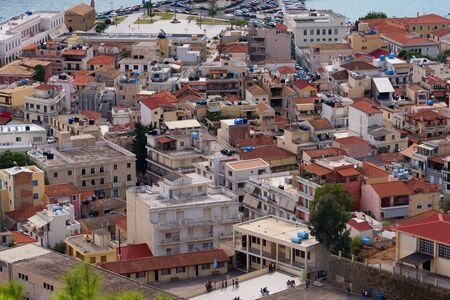 Aerial view of Zakynthos (Zante) town, Greece. Summer morning on the Ionian Sea. Beautiful cityscape panorama of Greece city. Traveling concept background.の写真素材