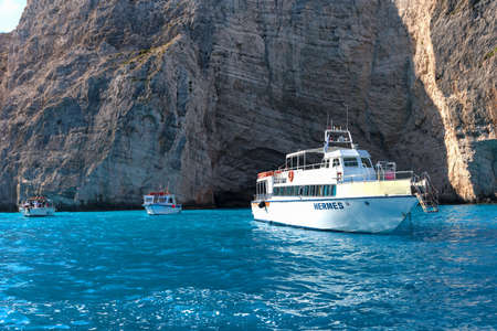 ZAKYNTHOS, GREECE, September 27, 2017: Cruise boats in bay of Navagio beach on the island of Zakynthos. Greece.のeditorial素材