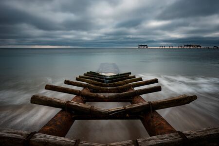 Seascape during sunrise. Beautiful natural seascape. Sea sunrise at the Black Sea coast. Blue hour, long exposure. Shabla, Bulgariaの写真素材