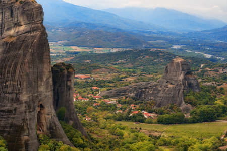 Magnificent autumn landscape of Meteora. Meteora rocks in a sunny, cloudy day. Pindos Mountains, Thessaly, Greece, Europeの写真素材