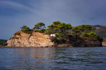 Sunny summer view of the Cameo Island. Picturesque morning scene in the Port Sostis, Zakynthos (Zante) island, Greece, Europe. Beauty of nature concept background.の写真素材