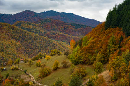 Magnificent autumn landscape at the village of Lakavitsa, Rhodope Mountains, Bulgariaの写真素材