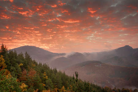 Magnificent autumn landscape. Beautiful sunrise at Belintash sanctuary, Rhodope Mountains, Bulgariaの写真素材