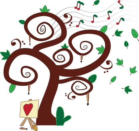 Tree with notes, bass clef and brushes, a canvas with heart and a cactus on groundのイラスト素材
