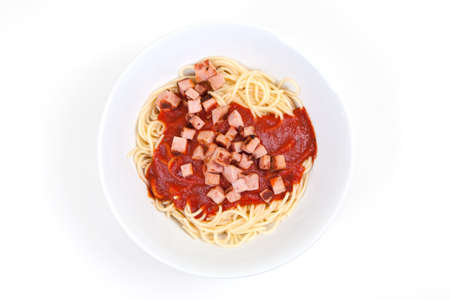 Spaghetti, tomato sauce and sausage - spaghetti, tomato sauce and smoked sausageの写真素材