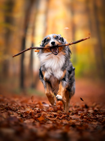 Dog, Lucky Australian Shepherd running with sticks in the autumn forest, Pet in Nature, trekking, hiking, travelの写真素材