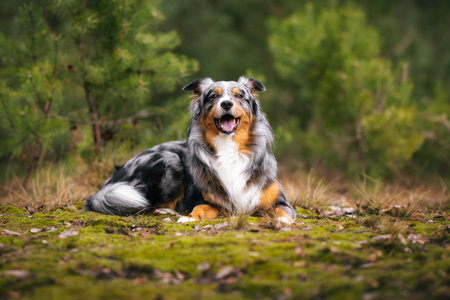 Dog, Australian Shepherd sitting in the forest, Pet in Nature, trekking, hiking, travelの写真素材