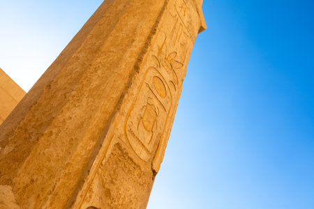 Hieroglyphs and wall paintings in Egypt, Mortuary Temple of Hatshepsut in the Deir el-Bahari...