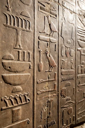 Hieroglyphs and wall paintings in Egypt, Mortuary Temple of Hatshepsut in the Deir el-Bahari...