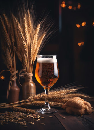 Glass of beer with ears of wheat and bread on a dark backgroundの素材