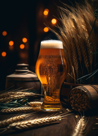 Glass of beer on a wooden table with ears of wheat in the backgroundの素材