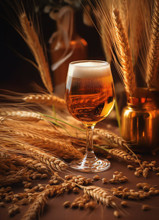 glass of beer and ears of wheat on a dark brown background.の素材