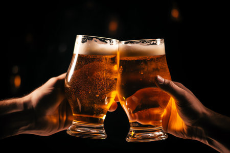 Close-up of two glasses of beer in hands on dark backgroundの素材