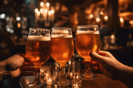 Hands of bartender pouring beer into glasses at bar counter in pubの素材