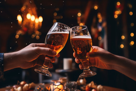 cropped shot of man and woman clinking glasses with beer at christmas partyの素材