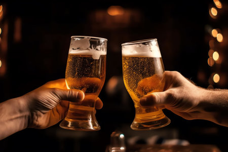 Close-up of two hands clinking glasses with beer at bar counterの素材