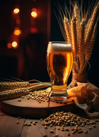 Light beer in a glass on an old background in the composition with ears of wheatの素材