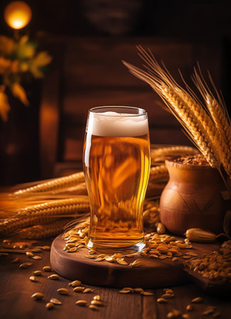 Glass of beer and wheat on a table in composition with kitchen accessoriesの素材