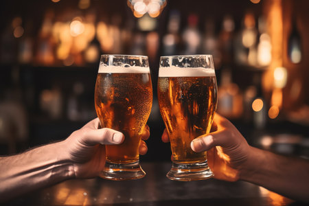 Close-up of two hands holding glasses of beer at bar counterの素材