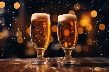 Two glasses of beer on a wooden table with bokeh backgroundの素材