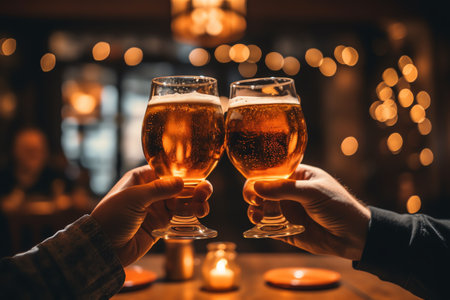 Man and woman hands clinking glasses of beer in a pub.の素材