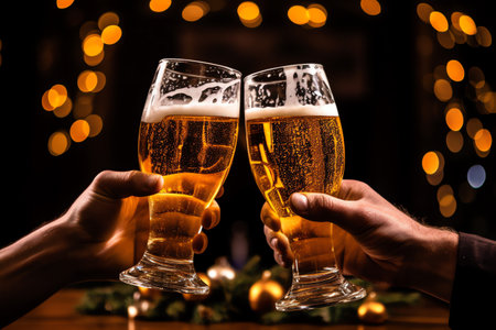 close up of male hands clinking glasses with beer at christmasの素材