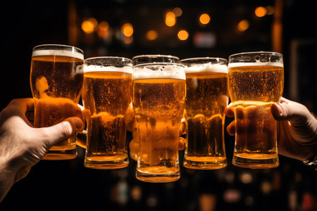 Many glasses of beer in the hands of the bartender on a dark backgroundの素材