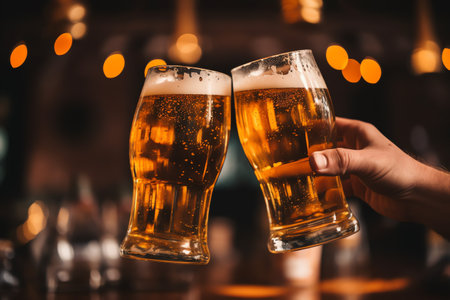 Close-up of two glasses of beer in hand of bartender.の素材