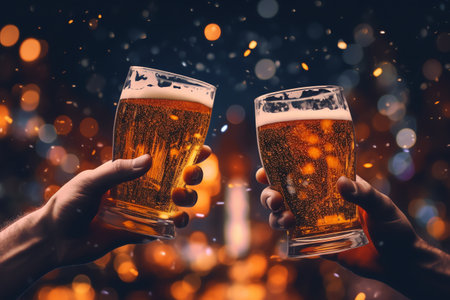 Close-up of two hands clinking glasses of beer with bokeh backgroundの素材