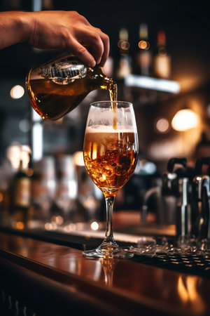 Barman pouring a drink from a decanter into a glassの素材