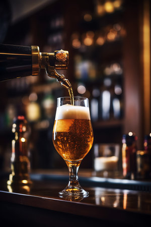 Beer pouring into a glass on the bar counter in a pub.の素材